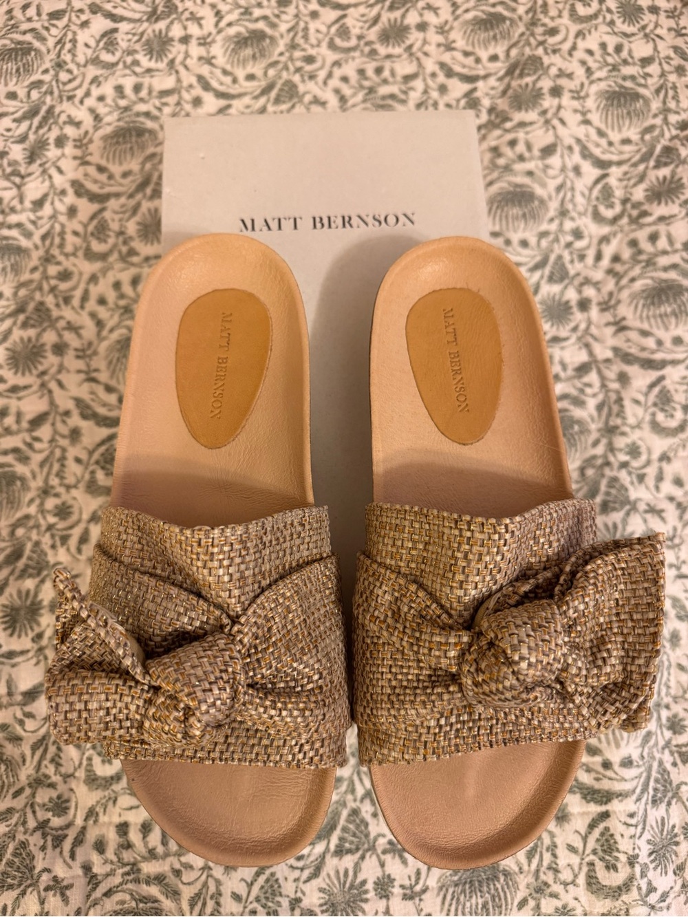 Matt Bernson Woven Bow Slide Sandals in Natural Taupe